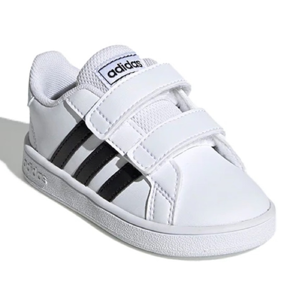Adidas Kids Grand Court I White and Black Strip Velcro Sneakers